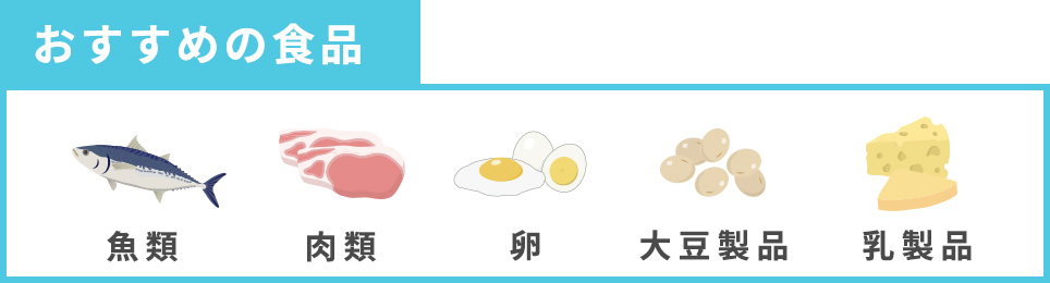 おすすめの食品は魚類、肉類、卵、大豆製品、乳製品